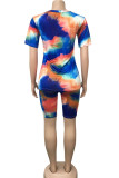 Blue Milk Silk Fashion Casual adult Ma'am Geometric Tie Dye Two Piece Suits pencil Short Sleeve Two Pieces