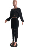 Black venetian Fashion Casual adult Ma'am Solid Burn-out Two Piece Suits pencil Long Sleeve Two Pieces