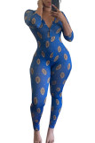 Color blue Fashion Sexy adult Ma'am O Neck Print Character Pattern Plus Size