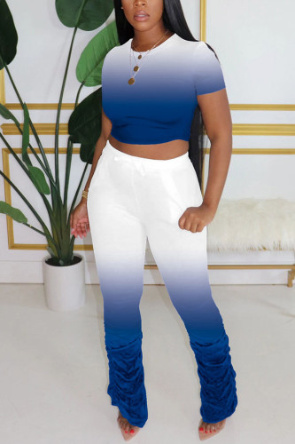 Bleu royal Fashion Sexy adulte Ma'am Solid Gradient Two Piece Suits crayon Short Sleeve Two Pieces
