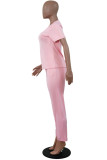 Roze volwassen casual mode effen tweedelige pakken patchwork bandage rechte korte mouw