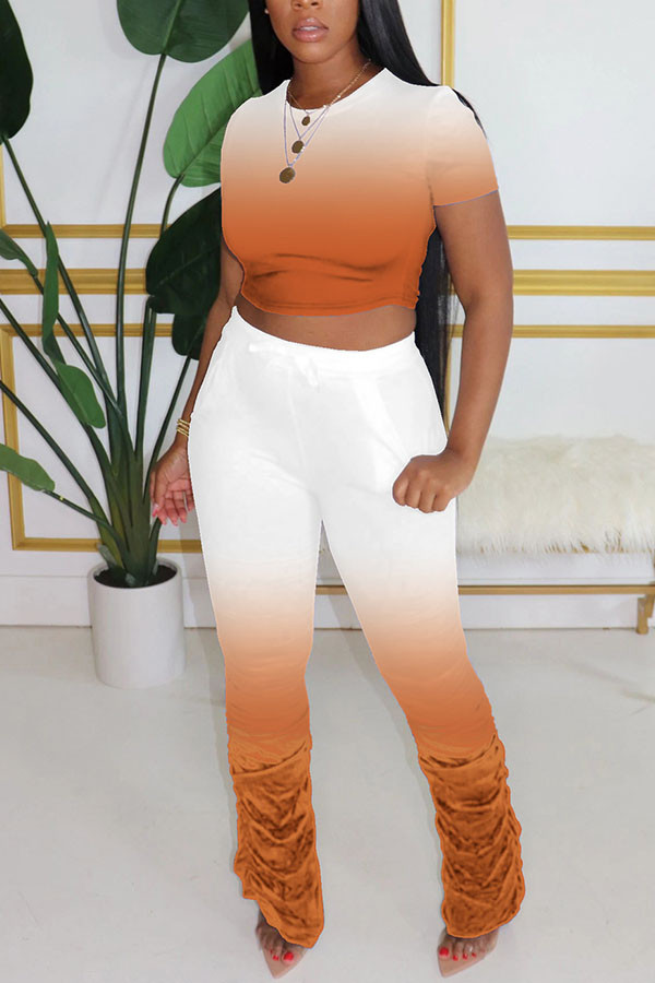 Orange Fashion Sexy Erwachsene Ma'am Solid Gradient Two Piece Suits Pencil Short Sleeve Two Pieces