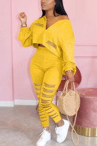 黄色のベネチアンファッションカジュアル大人Ma'amソリッドバーンアウトツーピーススーツペンシルロングスリーブツーピース