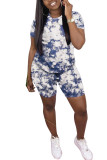 Azul moda casual adulto senhora retalhos impressão ternos de duas peças em linha reta manga curta duas peças