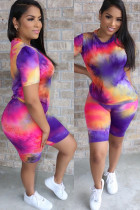 purple Rainbow Spandex Fashion Casual adult Ma'am O Neck Geometric Tie Dye Two Piece Suits Stitching Plus Size T-shirt Short Sets