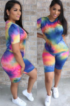 Pink Rainbow Spandex Fashion Casual adult Ma'am O Neck Geometric Tie Dye Two Piece Suits Stitching Plus Size T-shirt Short Sets