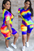 Blue Rainbow Spandex Fashion Casual adult Ma'am O Neck Geometric Tie Dye Two Piece Suits Stitching Plus Size T-shirt Short Sets
