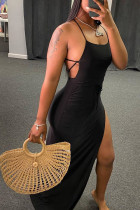 Zwarte mode sexy volwassen mevrouw off-the-shoulder mouwloze kraag met één woord Swagger vloerlengte effen rugloze jurken