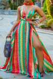 Multi-color Fashion Celebrities adult Ma'am Spaghetti Strap Sleeveless V Neck Swagger Floor-Length Striped Print asymmetrical Dresses