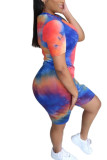 Blue Rainbow Spandex Fashion Casual adult Ma'am O Neck Geometric Tie Dye Two Piece Suits Stitching Plus Size T-shirt Short Sets