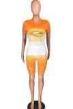 Orange Fashion Casual adult Ma'am Print Burn-out Two Piece Suits Lips Print pencil Short Sleeve Two Pieces