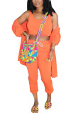オレンジ色のファッションセクシーな大人の奥様パッチワークソリッドスリーピーススーツストレート長袖ツーピース