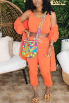 Orange Mode Sexig vuxen Madam Patchwork Solida tredelade kostymer Rak långärmad tvådelad