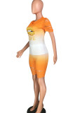 Orange Fashion Casual adult Ma'am Print Burn-out Two Piece Suits Lips Print pencil Short Sleeve Two Pieces