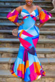 Multi-color Fashion Celebrities adult Ma'am Spaghetti Strap Half Sleeves V Neck Mermaid Floor-Length Print asymmetrical Dresses