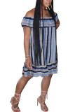 Синее модное сексуальное платье с открытыми плечами без рукавов A-Line длиной до колен в полоску с рюшами