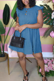 Blue Sweet Ruffled Sleeve Sleeveless O-neck Cake Dress Knee-Length Solid Dresses