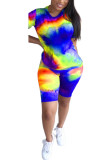 Pink Rainbow Spandex Fashion Casual adult Ma'am O Neck Geometric Tie Dye Two Piece Suits Stitching Plus Size T-shirt Short Sets
