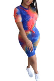 Lila Spandex Fashion Casual Erwachsene Ma'am O Neck Geometric Tie Dye Zweiteilige Anzüge Stitching Plus Size