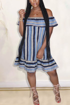 Синее модное сексуальное платье с открытыми плечами без рукавов A-Line длиной до колен в полоску с рюшами