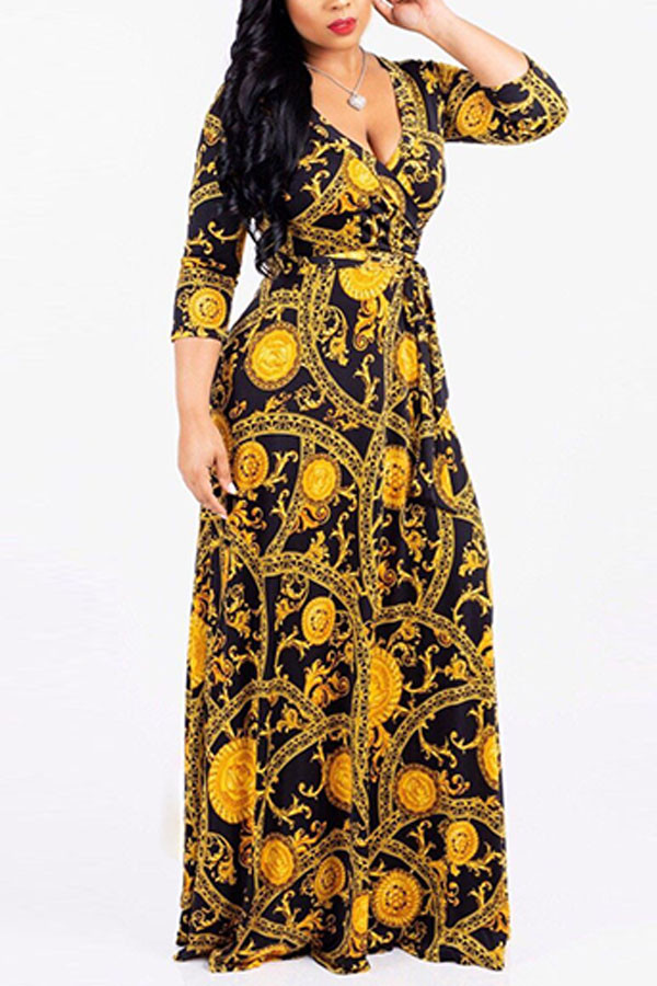 Gold Modaier Модные платья для взрослых Ma'am Слегка приготовленные рукава с короткими рукавами и рукавами 3/4 с V-образным вырезом Swagger Платья длиной до пола с принтом