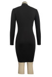 Black Sexy Fashion Cap Sleeve Long Sleeves Mandarin Collar Pencil Dress skirt chain Patchwork Print Club 