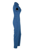ブルー ファッション セクシー カジュアル オールド 洗濯半袖 V ネック ジャンプスーツ