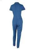 Blue Fashion Sexy Casual Old washing Short Sleeve V Neck Jumpsuits