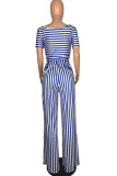 Blue Fashion adult Ma'am Street O Neck Striped Solid Two Piece Suits Stripe Plus Size
