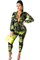 Green Sexy Letter Two Piece Suits Print pencil Long Sleeve Two-piece Pants Set