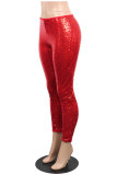 Красные прямые брюки средней длины с пайетками