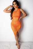 Orange Sexy Fashion One Shoulder Sleeveless one shoulder collar Asymmetrical skirt Fluorescent as