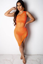 Оранжевая сексуальная мода на одно плечо без рукавов с воротником на одно плечо Асимметричная юбка Флуоресцентная как