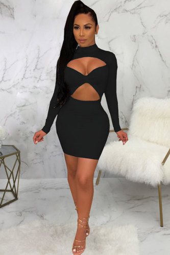 Black Fashion Sexy Cap Sleeve Long Sleeves O neck Pencil Dress skirt Patchwork Solid 