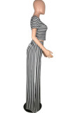 Black Fashion adult Ma'am Street O Neck Striped Solid Two Piece Suits Stripe Plus Size