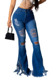 Темно-синие джинсовые брюки с застежкой-молнией средней длины, сплошные брюки с кисточками и отверстиями для ботинок