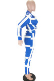 Azul Moda Casual adulto Senhora Turndown Collar Costura Listrada Plus Size