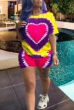 Pink Cute Fashion Casual Print Two Piece Suits Geometric Patchwork Gradient Striped Loose Short