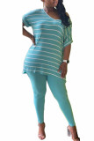 Blue Fashion Active adult Ma'am V Neck Striped Two Piece Suits Stripe Plus Size