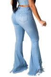 Calça jeans azul escuro com zíper Fly meio sólido borla buraco corte calças calças