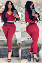 rose red Polyester Sexy Fashion adult Solid Two Piece Suits Patchwork Zippered pencil Long Sleeve 