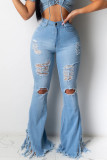 Calça jeans azul escuro com zíper Fly meio sólido borla buraco corte calças calças