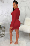 Röd Mode Sexig Cap Sleeve Långärmad O-hals Pencil Dress kjol Patchwork Solid
