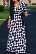 Zwart en wit Modaier Mode volwassen Mevrouw Licht gekookt Kapmouw 3/4 Mouwen V-hals Swagger Vloerlengte Print Jurken