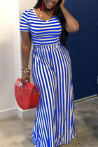 Blaue Milchseide Mode Erwachsene Ma'am Street Striped Solid Zweiteilige Anzüge Lose Kurzarm Zweiteiler
