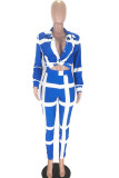 ブルー ファッション カジュアル 大人 マアム ターンダウン カラー ストライプ ステッチ プラス サイズ