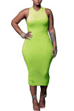Fluoreszierendes Grün Mode für Erwachsene Ma'am Sweet Tank Ärmelloser O-Ausschnitt Hüftrock Mid-Calf Solid Drapierte rückenfreie Kleider