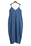 Azul oscuro Moda Casual Correa de espagueti Sin mangas Cuello en V Una línea Hasta el suelo Vestidos de lavado antiguo