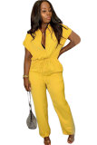 イエロー ファッション セクシー ソリッド ジッパー パッチワーク ボタン 半袖 ターンダウン カラー ジャンプスーツ