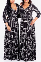 Zwart Modaier Mode volwassen Mevrouw Licht gekookt Kapmouw 3/4 Mouwen V-hals Swagger Vloerlengte Print Jurken